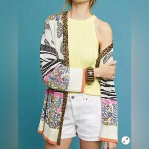 Anthropologie Bicolage Cardigan Sweater Multi Color Paisley Animal Print XSP